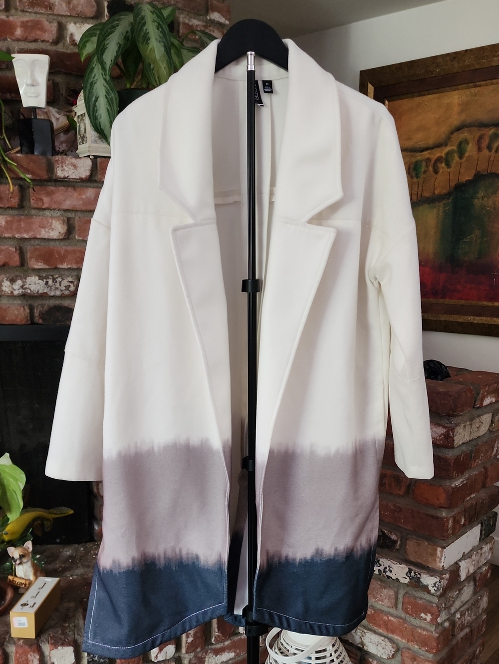 Valette Ombre Open Front Coatigan White Blue Gray Watercolor Duster Jacket Sz M